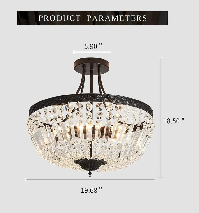 Alt view image 2 of 7 - YYJLX 5-Light E12 Round Crystal Ceiling Light Fixture Modern Semi Flush Mount Chandelier Ceiling Lamp for Living Room Dining Room Entryway Hallway Foyer Bedroom Laundry BathroomBlack