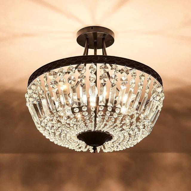 Alt view image 4 of 7 - YYJLX 5-Light E12 Round Crystal Ceiling Light Fixture Modern Semi Flush Mount Chandelier Ceiling Lamp for Living Room Dining Room Entryway Hallway Foyer Bedroom Laundry BathroomBlack
