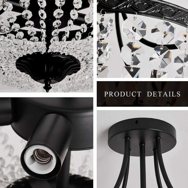 Alt view image 6 of 7 - YYJLX 5-Light E12 Round Crystal Ceiling Light Fixture Modern Semi Flush Mount Chandelier Ceiling Lamp for Living Room Dining Room Entryway Hallway Foyer Bedroom Laundry BathroomBlack