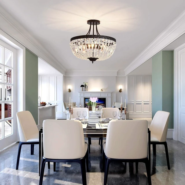 Alt view image 7 of 7 - YYJLX 5-Light E12 Round Crystal Ceiling Light Fixture Modern Semi Flush Mount Chandelier Ceiling Lamp for Living Room Dining Room Entryway Hallway Foyer Bedroom Laundry BathroomBlack