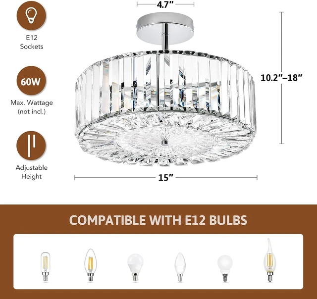 Alt view image 4 of 7 - VONLUCE Crystal Light Fixture 15", 4-Light Semi Flush Mount Ceiling Light
