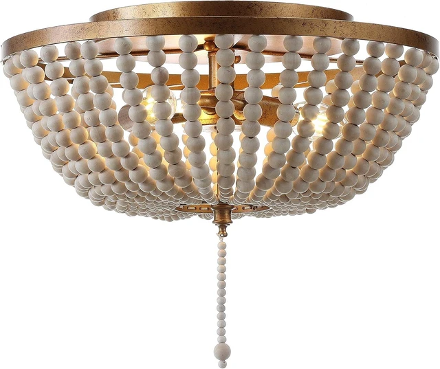 Main image of JONATHAN Y Allison Wood Beaded Flush Mount 15", Antique Gold/Cream