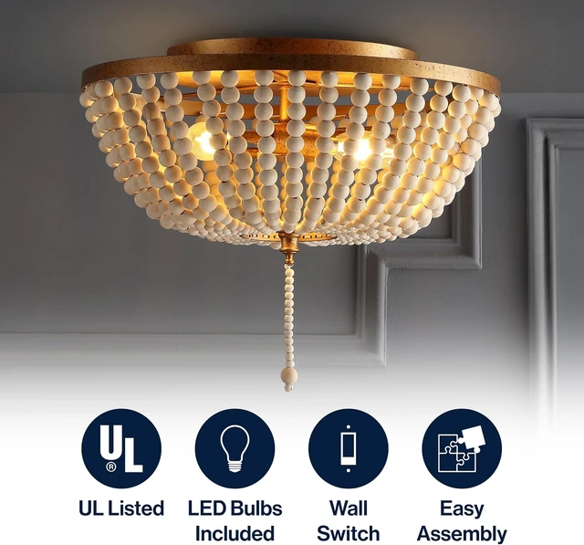 Alt view image 3 of 7 - JONATHAN Y Allison Wood Beaded Flush Mount 15", Antique Gold/Cream