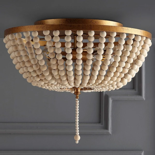 Alt view image 7 of 7 - JONATHAN Y Allison Wood Beaded Flush Mount 15", Antique Gold/Cream
