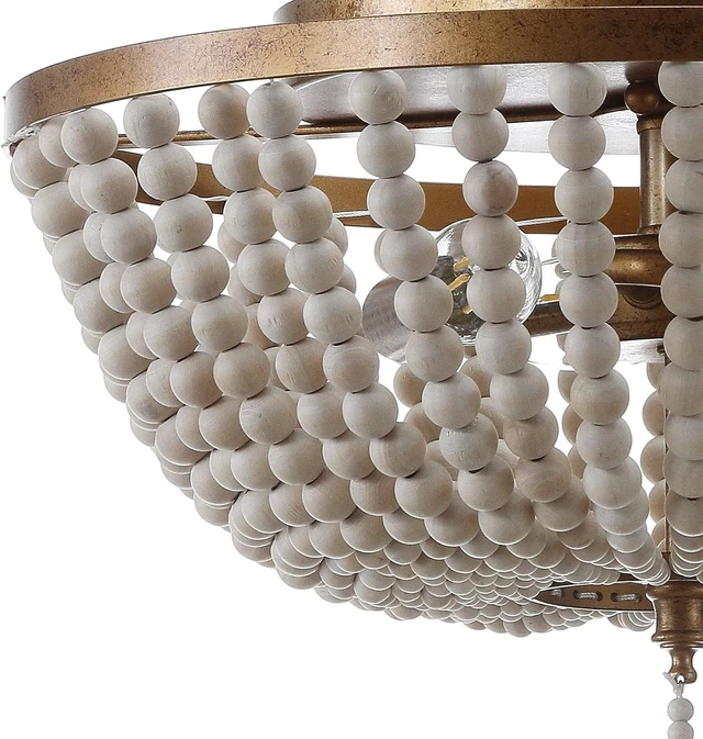 Alt view image 6 of 7 - JONATHAN Y Allison Wood Beaded Flush Mount 15", Antique Gold/Cream