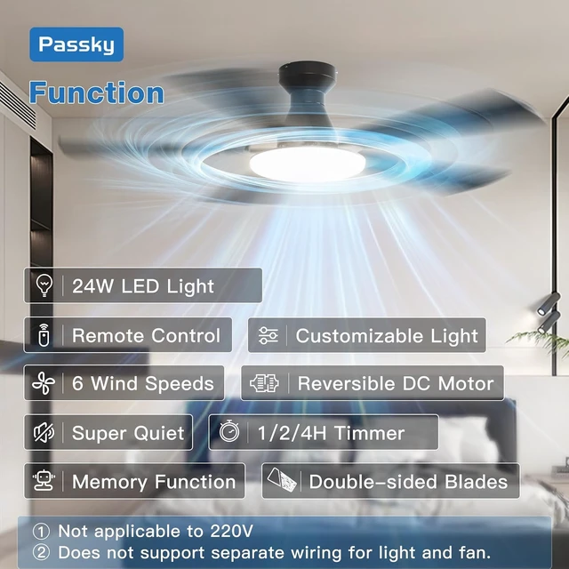 Alt view image 2 of 7 - Passky 52 Inch Black Low Profile Ceiling Fans with Lights and Remote