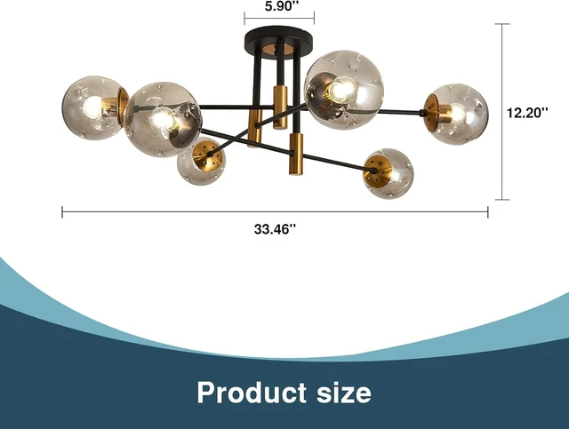 Alt view image 2 of 7 - SZXYKEJI6-Lights Glass Globe Sputnik Chandelier Modern Flush Mount Ceiling Light Fixture Farmhouse Lighting for Dining Room Living Room Bedroom Kitchen Passageway(Balck and Gold)