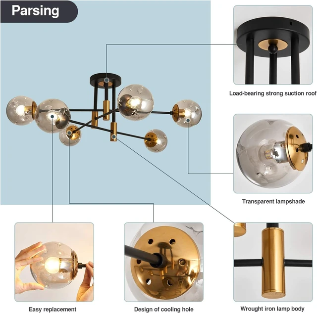 Alt view image 3 of 7 - SZXYKEJI6-Lights Glass Globe Sputnik Chandelier Modern Flush Mount Ceiling Light Fixture Farmhouse Lighting for Dining Room Living Room Bedroom Kitchen Passageway(Balck and Gold)