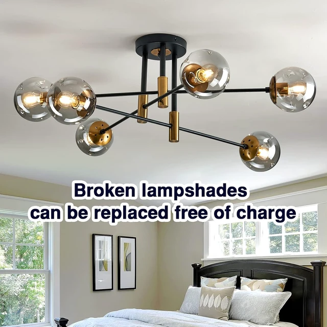 Alt view image 4 of 7 - SZXYKEJI6-Lights Glass Globe Sputnik Chandelier Modern Flush Mount Ceiling Light Fixture Farmhouse Lighting for Dining Room Living Room Bedroom Kitchen Passageway(Balck and Gold)