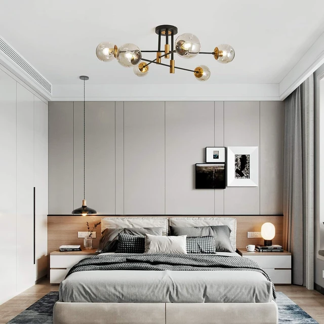Alt view image 5 of 7 - SZXYKEJI6-Lights Glass Globe Sputnik Chandelier Modern Flush Mount Ceiling Light Fixture Farmhouse Lighting for Dining Room Living Room Bedroom Kitchen Passageway(Balck and Gold)