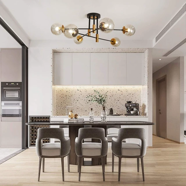 Alt view image 6 of 7 - SZXYKEJI6-Lights Glass Globe Sputnik Chandelier Modern Flush Mount Ceiling Light Fixture Farmhouse Lighting for Dining Room Living Room Bedroom Kitchen Passageway(Balck and Gold)