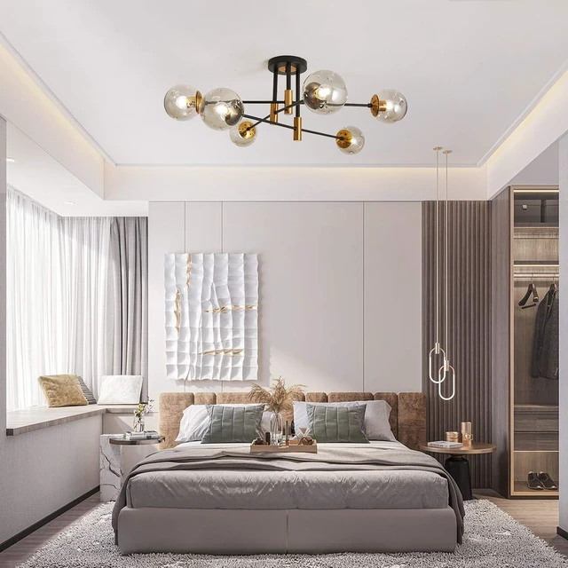 Alt view image 7 of 7 - SZXYKEJI6-Lights Glass Globe Sputnik Chandelier Modern Flush Mount Ceiling Light Fixture Farmhouse Lighting for Dining Room Living Room Bedroom Kitchen Passageway(Balck and Gold)