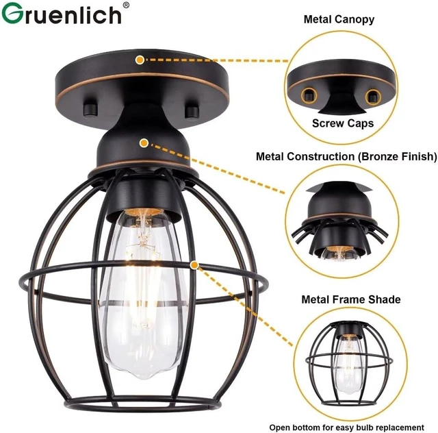 Alt view image 2 of 7 - GRUENLICH Semi Flush Mount Ceiling Light, Cage Cover, Bronze, 1 Pack