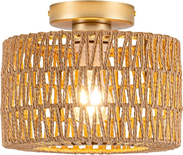 Main image of Rpzloila Rattan Ceiling Light, 1 Light Bohemian Modern Woven Flush Mount Ceiling Light, Boho Light Fixture for Bedroom Living Room Dining Room, Gold Finish