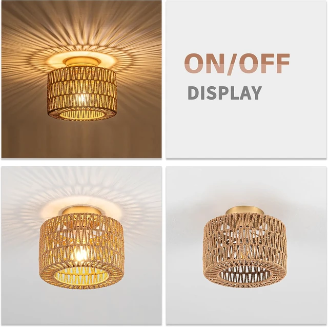 Alt view image 2 of 7 - Rpzloila Rattan Ceiling Light, 1 Light Bohemian Modern Woven Flush Mount Ceiling Light, Boho Light Fixture for Bedroom Living Room Dining Room, Gold Finish