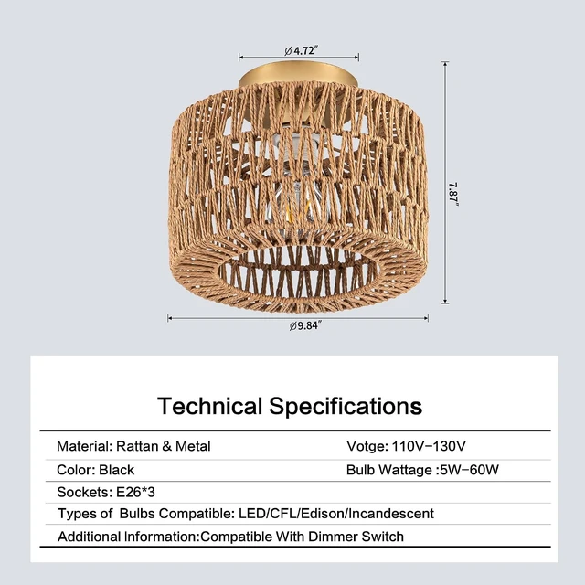 Alt view image 6 of 7 - Rpzloila Rattan Ceiling Light, 1 Light Bohemian Modern Woven Flush Mount Ceiling Light, Boho Light Fixture for Bedroom Living Room Dining Room, Gold Finish