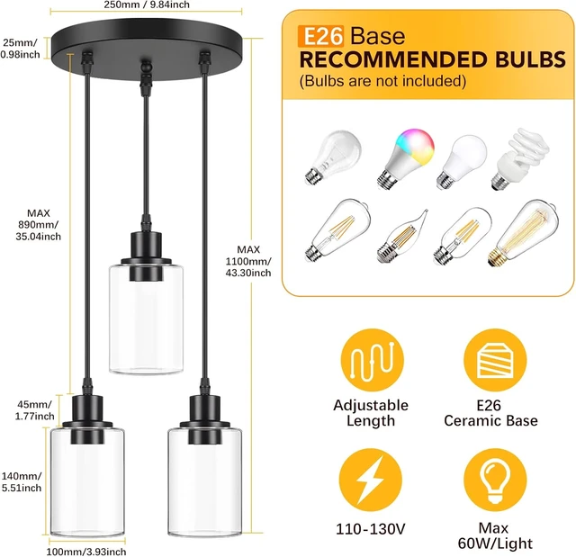 Alt view image 3 of 7 - MAXvolador Industrial 3-Light Pendant Light Fixture Clear Glass, Black