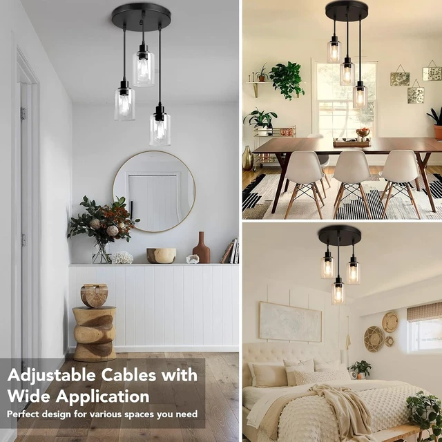 Alt view image 5 of 7 - MAXvolador Industrial 3-Light Pendant Light Fixture Clear Glass, Black