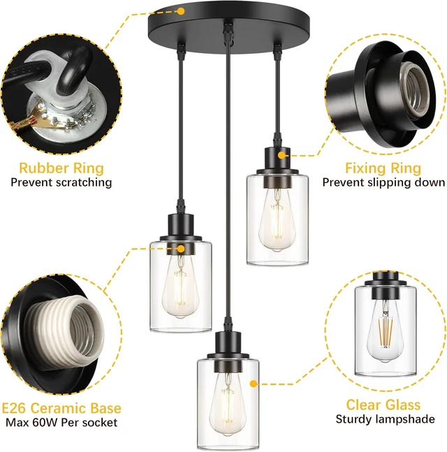 Alt view image 7 of 7 - MAXvolador Industrial 3-Light Pendant Light Fixture Clear Glass, Black