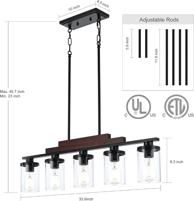 Alt view image 2 of 7 - Dining Room Light Fixture/Chandelier Over Table,5-Light Kitchen Island Lighting Hanging for Farmhouse Linear Chandeliers Matte Black Rustic Wood Ceiling Pendant Light Fixtures with Clear Glass Shade