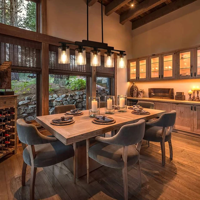 Alt view image 4 of 7 - Dining Room Light Fixture/Chandelier Over Table,5-Light Kitchen Island Lighting Hanging for Farmhouse Linear Chandeliers Matte Black Rustic Wood Ceiling Pendant Light Fixtures with Clear Glass Shade