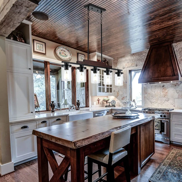 Alt view image 5 of 7 - Dining Room Light Fixture/Chandelier Over Table,5-Light Kitchen Island Lighting Hanging for Farmhouse Linear Chandeliers Matte Black Rustic Wood Ceiling Pendant Light Fixtures with Clear Glass Shade