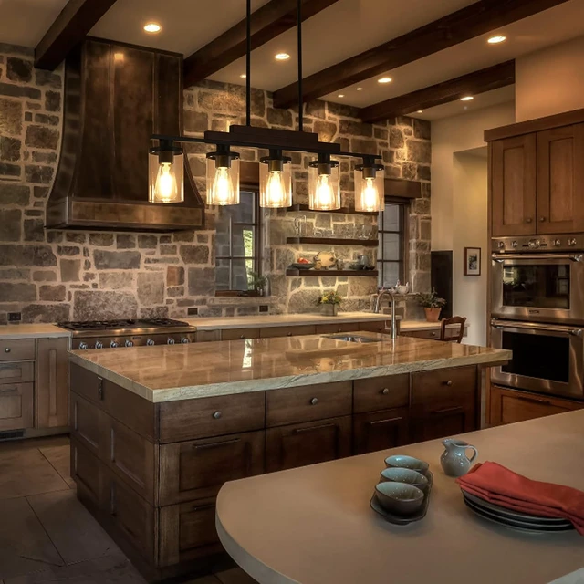 Alt view image 6 of 7 - Dining Room Light Fixture/Chandelier Over Table,5-Light Kitchen Island Lighting Hanging for Farmhouse Linear Chandeliers Matte Black Rustic Wood Ceiling Pendant Light Fixtures with Clear Glass Shade