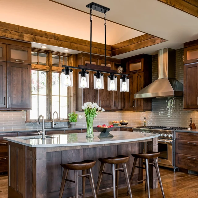 Alt view image 7 of 7 - Dining Room Light Fixture/Chandelier Over Table,5-Light Kitchen Island Lighting Hanging for Farmhouse Linear Chandeliers Matte Black Rustic Wood Ceiling Pendant Light Fixtures with Clear Glass Shade
