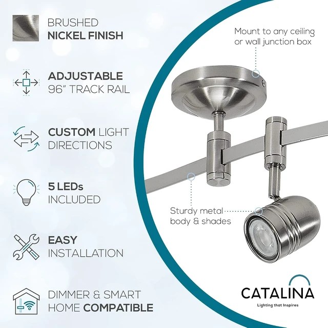 Alt view image 2 of 7 - Catalina Lighting 19655-002 Transitional 5-Light Flexible Track Lighting Kit with Metal Shades, LED Bulbs Included, 96", Brushed Nickel