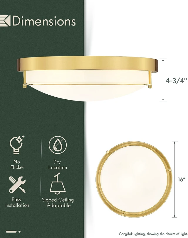 Alt view image 3 of 7 - 16 Inch Flush Mount Ceiling Light,White Frosted Glass,Gold