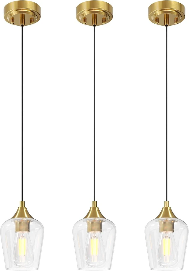 Main image of VONLUCE Pendant Lights Kitchen Island, Brushed Gold Pendant Light Fixtures with E26 Base & Adjustable Cable, Modern Pendant Lighting with Glass Shade for Living Room Bedroom Hallway, 3 Packs