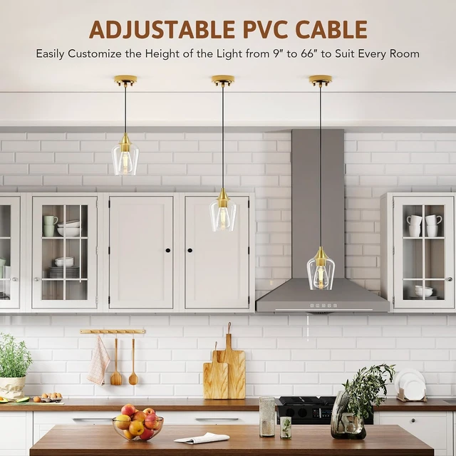 Alt view image 2 of 7 - VONLUCE Pendant Lights Kitchen Island, Brushed Gold Pendant Light Fixtures with E26 Base & Adjustable Cable, Modern Pendant Lighting with Glass Shade for Living Room Bedroom Hallway, 3 Packs
