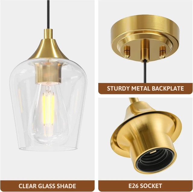 Alt view image 4 of 7 - VONLUCE Pendant Lights Kitchen Island, Brushed Gold Pendant Light Fixtures with E26 Base & Adjustable Cable, Modern Pendant Lighting with Glass Shade for Living Room Bedroom Hallway, 3 Packs