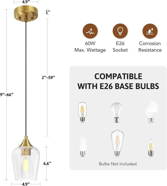 Alt view image 5 of 7 - VONLUCE Pendant Lights Kitchen Island, Brushed Gold Pendant Light Fixtures with E26 Base & Adjustable Cable, Modern Pendant Lighting with Glass Shade for Living Room Bedroom Hallway, 3 Packs