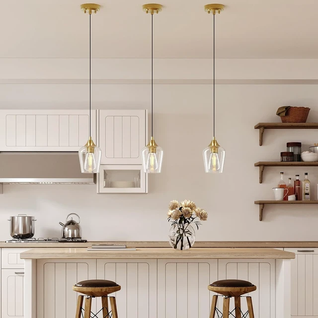 Alt view image 7 of 7 - VONLUCE Pendant Lights Kitchen Island, Brushed Gold Pendant Light Fixtures with E26 Base & Adjustable Cable, Modern Pendant Lighting with Glass Shade for Living Room Bedroom Hallway, 3 Packs