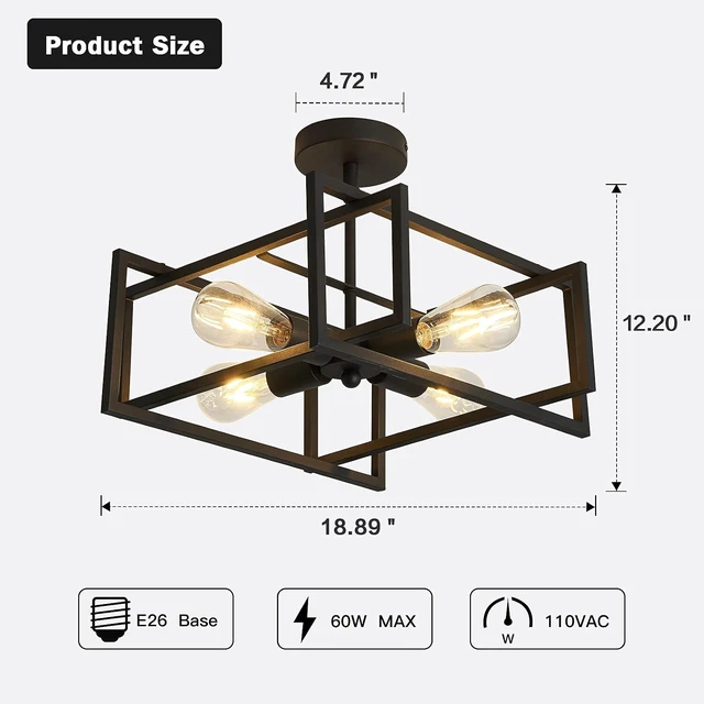Alt view image 2 of 7 - ZGLAOJT 4-Lights Close to Ceiling LightBlack Light Fixture Industrial Flush Mount Ceiling Light Farmhouse Chandelier Lighting for Kitchen Island Dining Room Bedroom Foyer Hallway