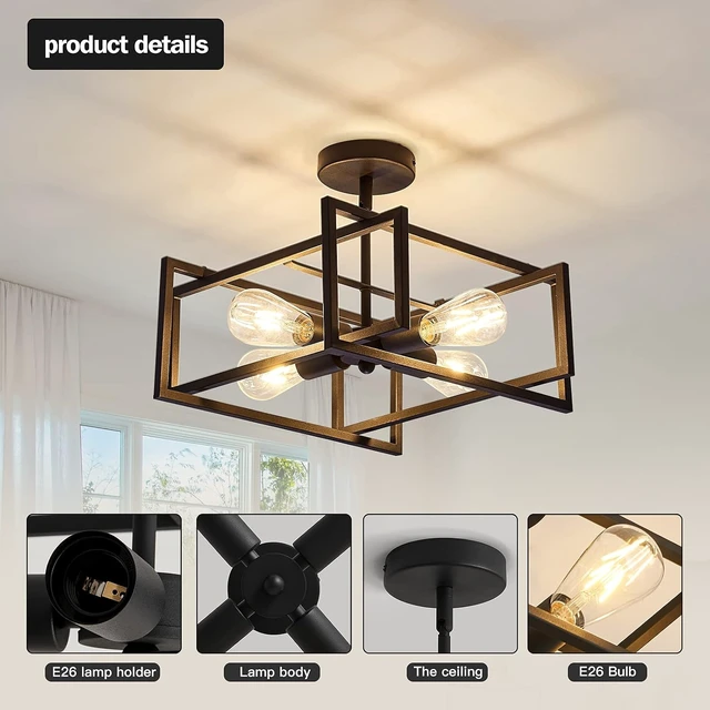 Alt view image 3 of 7 - ZGLAOJT 4-Lights Close to Ceiling LightBlack Light Fixture Industrial Flush Mount Ceiling Light Farmhouse Chandelier Lighting for Kitchen Island Dining Room Bedroom Foyer Hallway