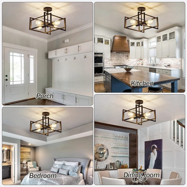 Alt view image 5 of 7 - ZGLAOJT 4-Lights Close to Ceiling LightBlack Light Fixture Industrial Flush Mount Ceiling Light Farmhouse Chandelier Lighting for Kitchen Island Dining Room Bedroom Foyer Hallway