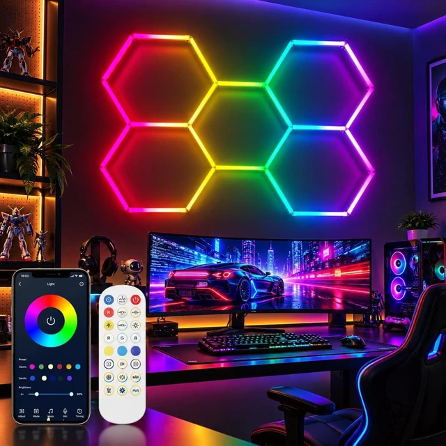 Main image of 25Pack RGB Hexagon LED Garage Lights, Music Sync, App & Remote, DIY 5 Hex