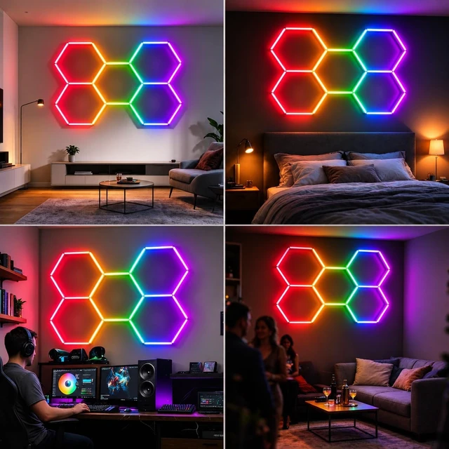 Alt view image 3 of 7 - 25Pack RGB Hexagon LED Garage Lights, Music Sync, App & Remote, DIY 5 Hex