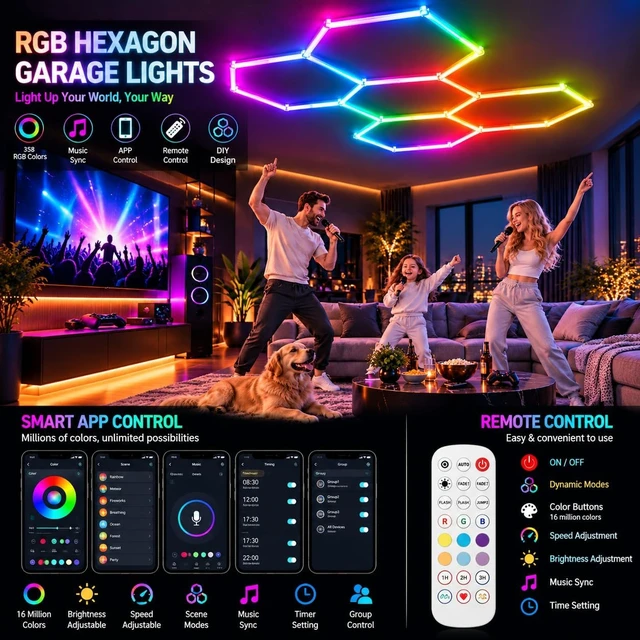 Alt view image 4 of 7 - 25Pack RGB Hexagon LED Garage Lights, Music Sync, App & Remote, DIY 5 Hex