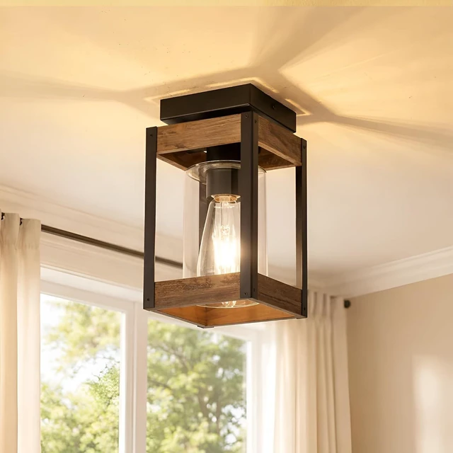 Main image of Black Wood Outdoor Flush Mount Ceiling Light Fixture with Glass Shade