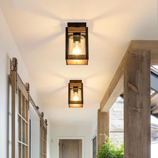 Alt view image 2 of 7 - Black Wood Outdoor Flush Mount Ceiling Light Fixture with Glass Shade