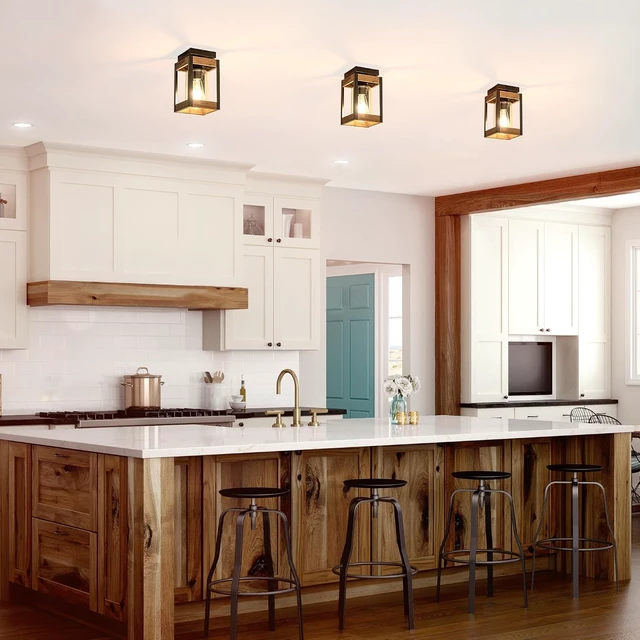 Alt view image 5 of 7 - Black Wood Outdoor Flush Mount Ceiling Light Fixture with Glass Shade