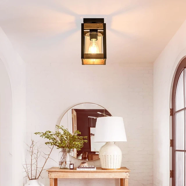 Alt view image 3 of 7 - Black Wood Outdoor Flush Mount Ceiling Light Fixture with Glass Shade