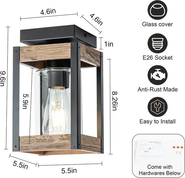 Alt view image 7 of 7 - Black Wood Outdoor Flush Mount Ceiling Light Fixture with Glass Shade