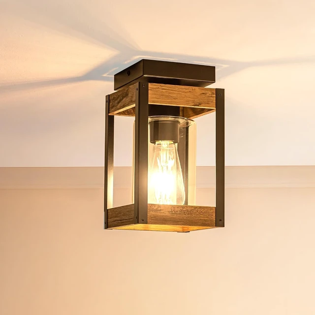 Alt view image 6 of 7 - Black Wood Outdoor Flush Mount Ceiling Light Fixture with Glass Shade