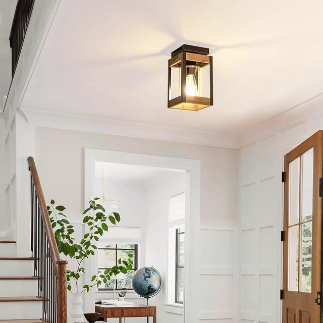 Alt view image 4 of 7 - Black Wood Outdoor Flush Mount Ceiling Light Fixture with Glass Shade