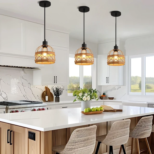 Alt view image 2 of 7 - Woven Pendant Light Boho Chandelier, Rattan Pendant Lights Kitchen Island, Farmhouse Pendant Lighting with Hand Woven Wicker Shade, Boho Chandelier Light Fixtures Ceiling Hanging Light