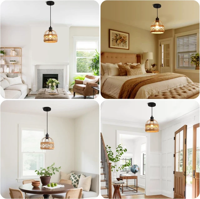Alt view image 4 of 7 - Woven Pendant Light Boho Chandelier, Rattan Pendant Lights Kitchen Island, Farmhouse Pendant Lighting with Hand Woven Wicker Shade, Boho Chandelier Light Fixtures Ceiling Hanging Light
